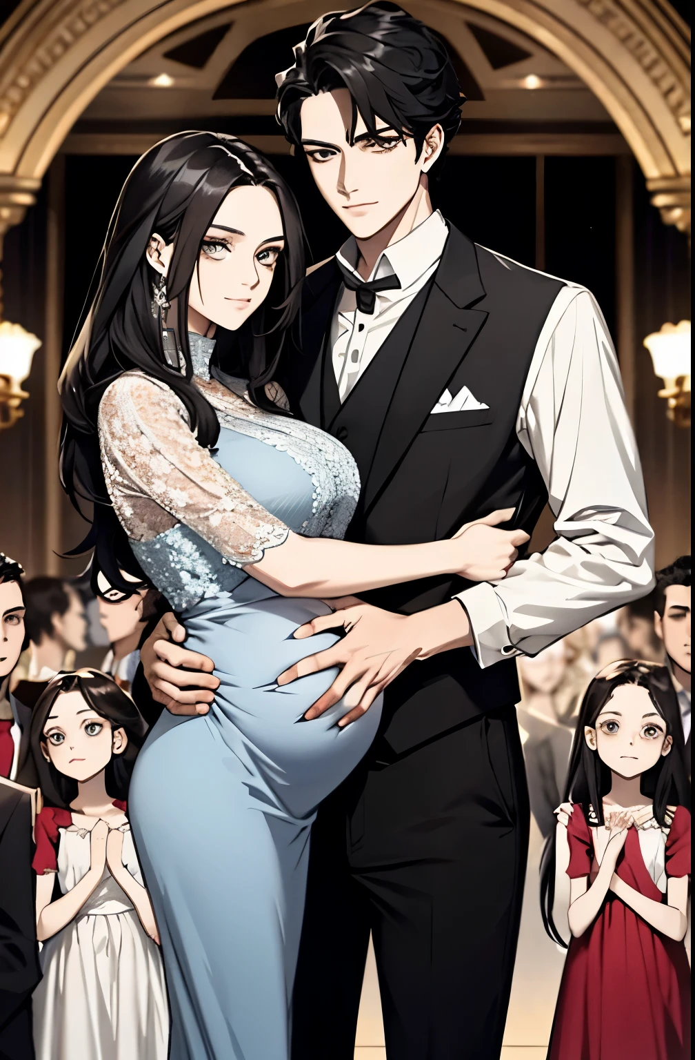 family, royal, elegant, good looking, kids, detailed, 4k, mom and dad, detailed eyes, pretty hair, handsome man, gorgeous woman, fine mom, hot dad, hot parents, mom with black hair, mom pregnant, man looking at woman with love, man hugging woman