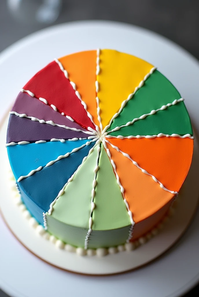 I want a cake to be decorated like it has 6 slices. A line of white icing can make this distinction, to clearly show the slices on the top of the cake.. Each slice can be different colors.