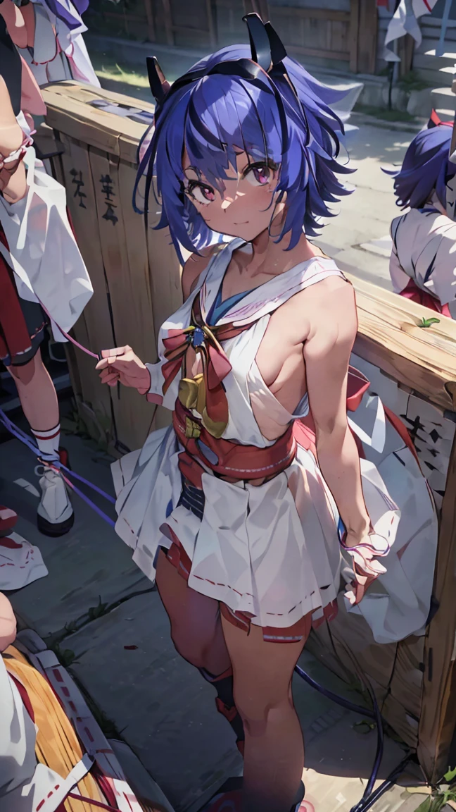 masterpiece, Highest quality, High resolution, Very detailed,(((Mikoto Naruka))), (((In town)))、(((electric wire)))、(((Expressionless)))、(((Standing in the distance。))), (((Wearing shrine maiden attire。))), (((Miko costume))), Electric pole, blue sky, (((shrine))), (((crowd))), (((Blue Hair))), (((Multicolored Hair))), (((horn))), (((Pink Eyes)))