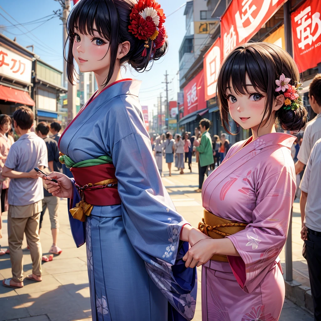 Woman in Yukata、Dancing in a line、festival、anime、Realistic