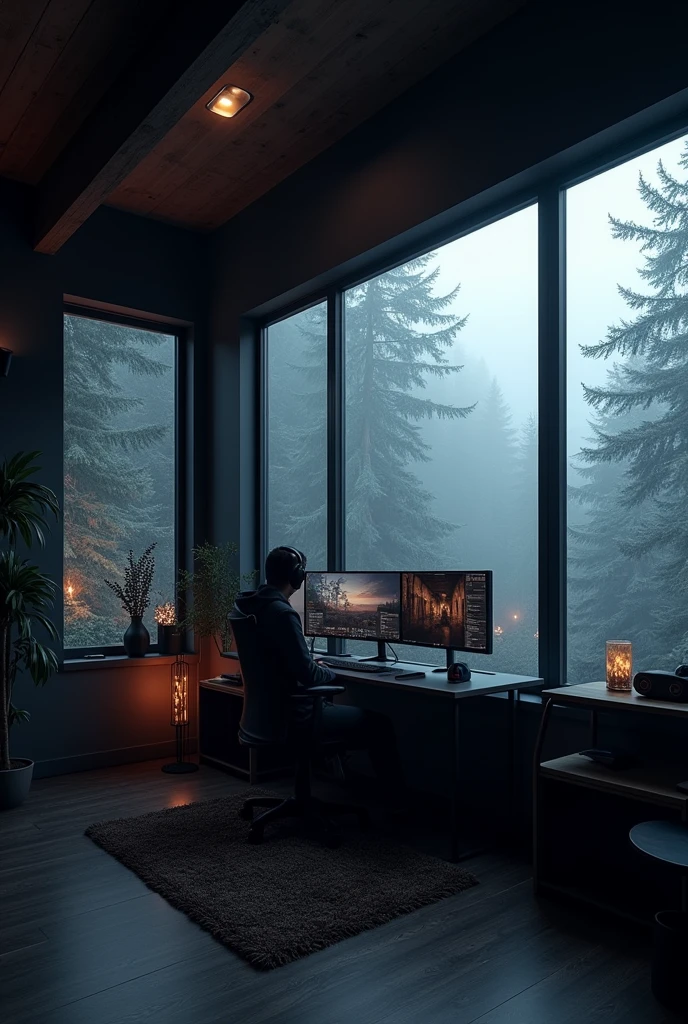Black Walled Gaming room with windows. Windows view - fog and trees. First floor