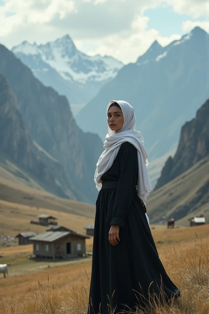 A muslim women wore black dress and white hijab arround the mountain and some houses with a little cow