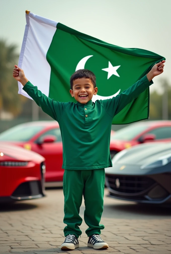 boy image I am holding a Pakistani flag and I am standing on a Ferrari car site, I am in green colour and I have a Pakistani flag, it is like the real flag and the boy is smiling and I am a real boy
