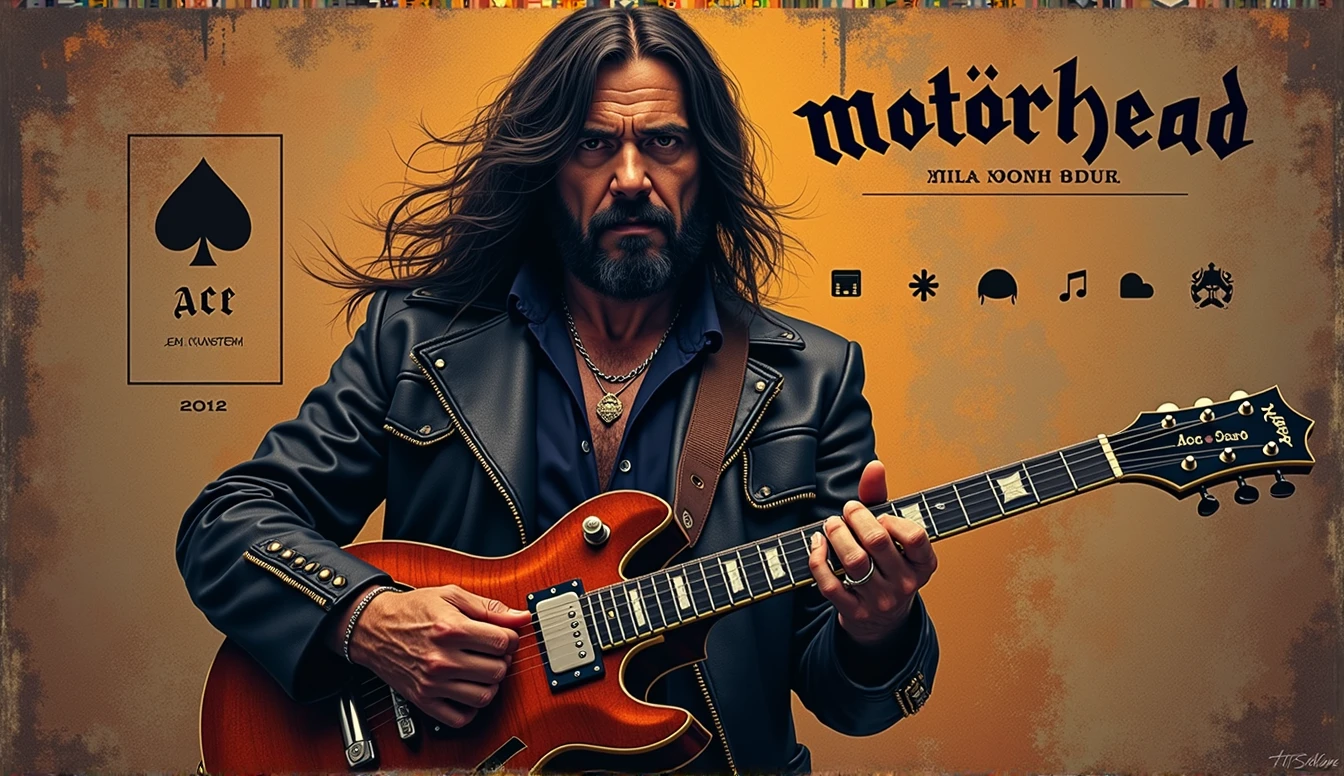 arafed image of a man ((Motörhead Lemmy)) with a guitar in his hand, slash page, album, hq artwork, ace of spades, 2012, 2 0 1 2, 2 0 1 1, 2011, eddie, hd artwork, 2013, gigachad portrait, artwork, art cover, 2 0 1 4, 2014