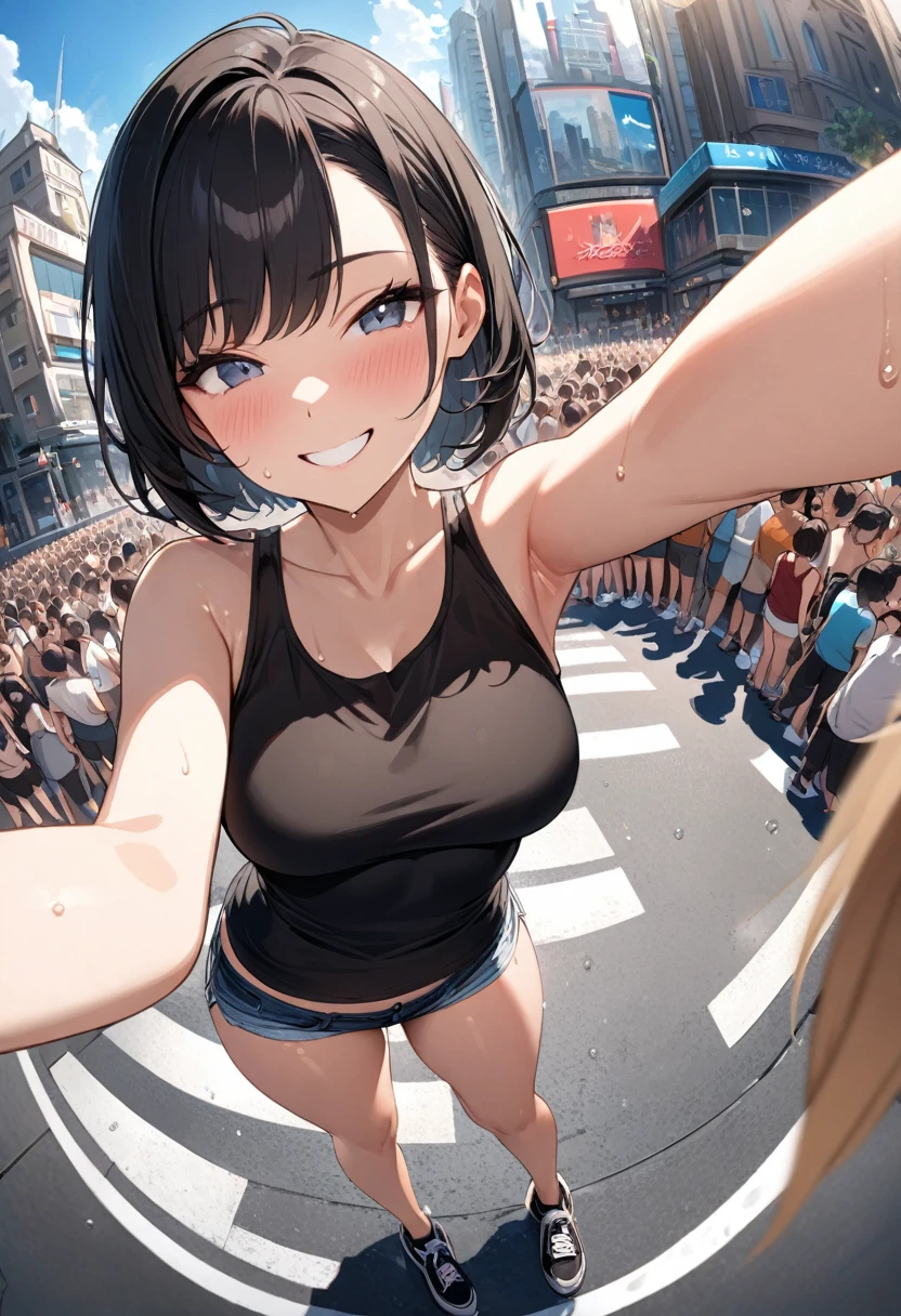 Best quality, 8k, Masterpiece )),   1girl,   beautiful woman with emphasis on slender abs  (Short black hair),   ultra-detailed face,   highly detailed lips,    detailed eyes,   long eyelashes,    make-up face
full body image,NSFW,bare breasts,Teenager,Smile,Flat-chested,crowd,NSFW