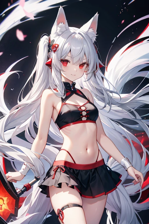 Long Hair, Red eyes, Fox Ears, Attention to detail, Silver Hair, Both sides up, Animal ears , happiness/joy, anime, bikini Leg spread