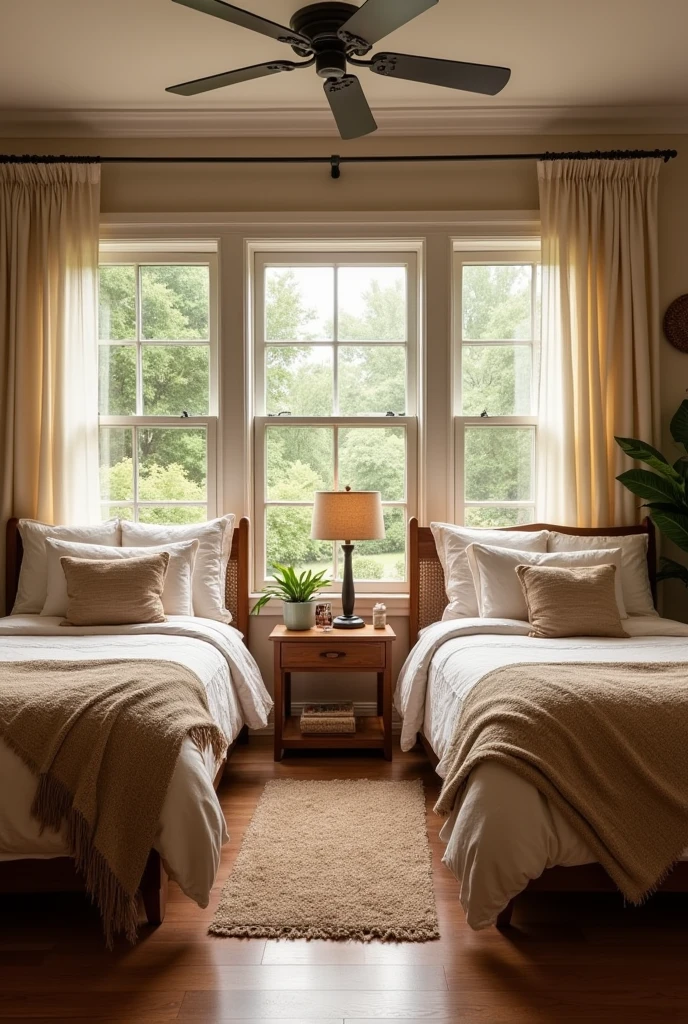 Twin room with earthy tones for seniors horizontal image