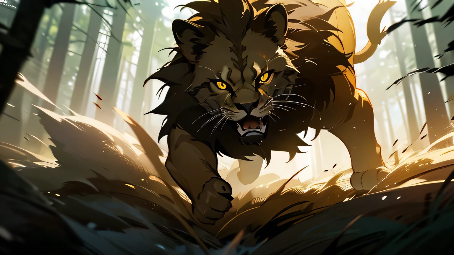 motion scene, lion in forest leaping to attack, glowing yellow eyes, glowing eyes, sharp fangs, moody lighting, hyper realistic, cinematic lighting, intricate details, 8k, high quality, photorealistic, dramatic, powerful, majestic