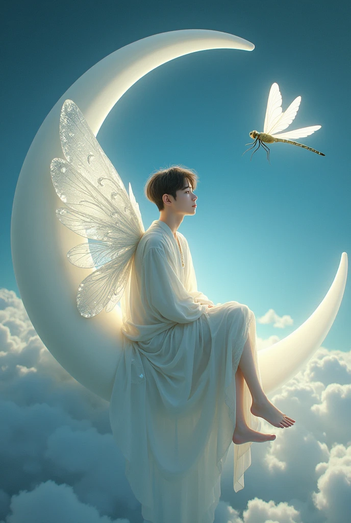 Jungkook sitting on the crescent moon. He has diamond wings. A white dragon fly above him.