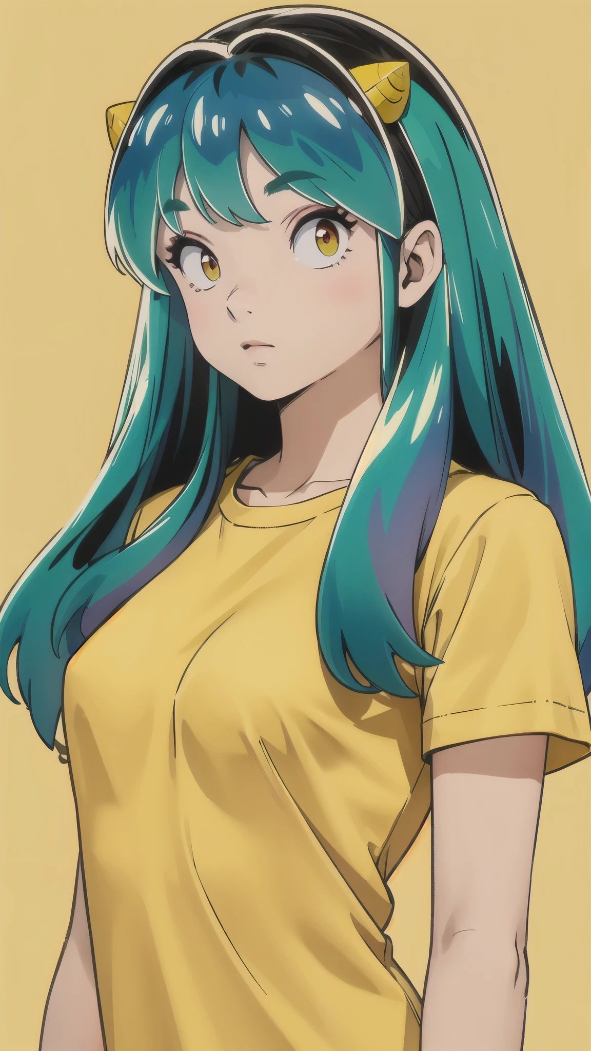 Ram、Yellow T-shirt、Green Hair、Upper Body、Slender body、masterpiece、Simple Background、Highest quality