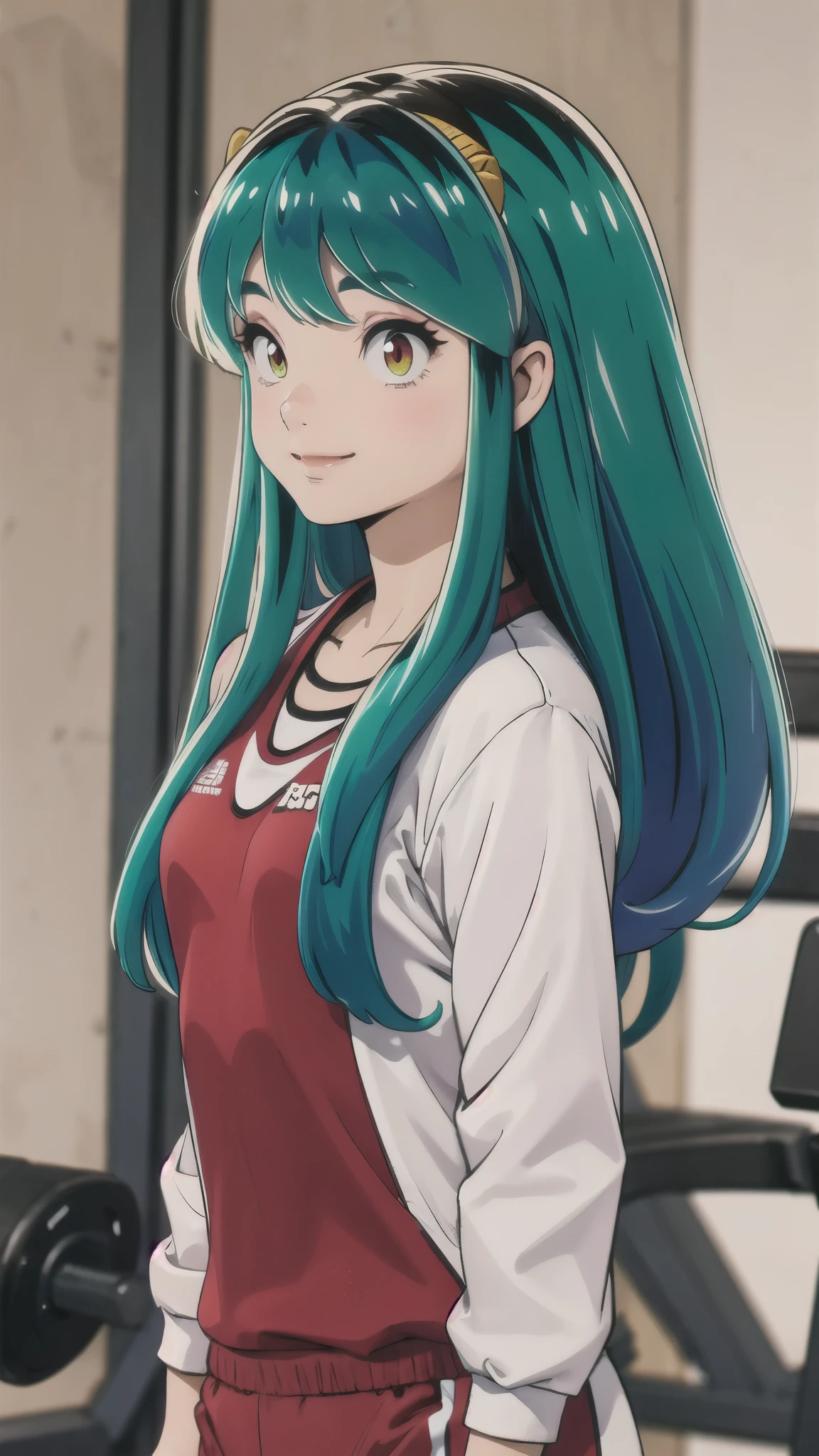 Ram、Gym suit、smile、Green Hair、Long Hair、Upper Body、Slender body、masterpiece、Simple Background、Highest quality