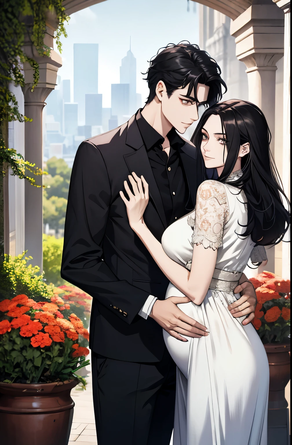 family, royal, elegant, good looking, kids, detailed, 4k, mom and dad, detailed eyes, pretty hair, handsome man, gorgeous woman, fine mom, hot dad, hot parents, mom with black hair, mom pregnant, man looking at woman with love, man hugging woman