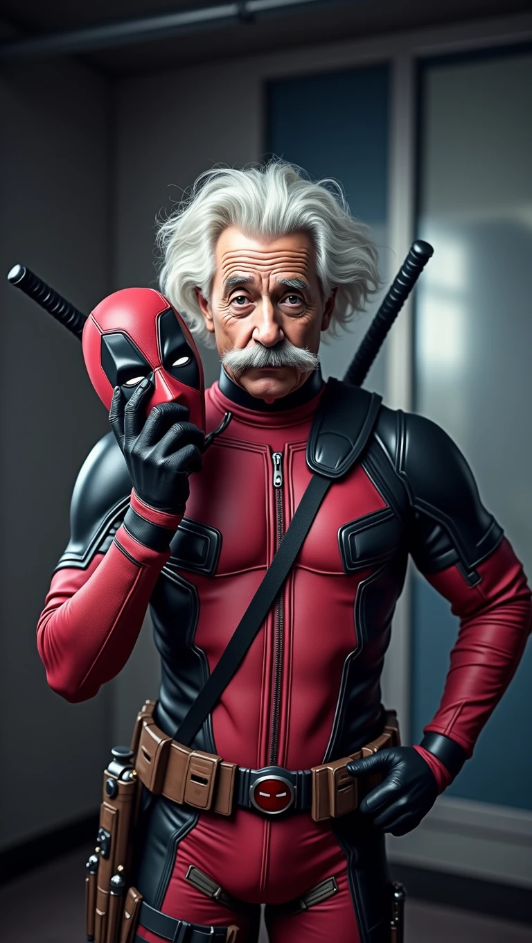 ALBERT EINSTEIN DRESSED AS DEADPOOL TAKING OFF HIS MASK