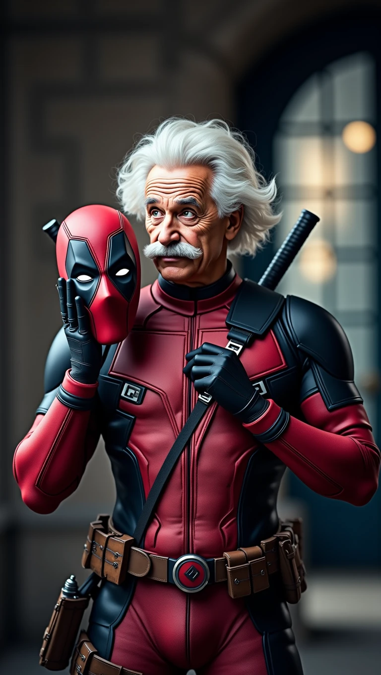 ALBERT EINSTEIN DRESSED AS DEADPOOL TAKING OFF HIS MASK