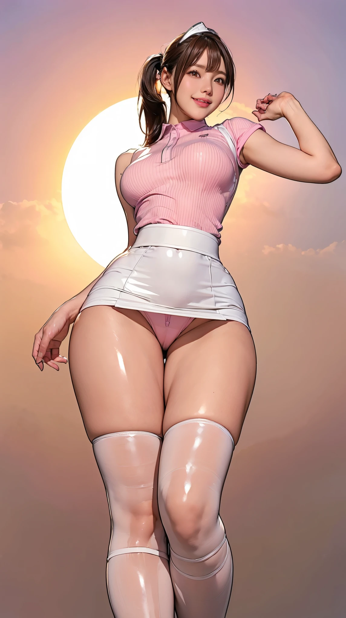 masterpiece, Highest quality, 8k, Realistic, Pink blank background, (1girl:1.3), (Photo from the waist up:1.3), (profile, Brown Hair, Short ponytail, White sun visor:1.3), (Very tight pink latex polo shirt, Tight white mini skirt, Camel Toe:1.3), (flat chest:1.3), (Narrow waist:1.3), (Thick thighs:1.5), (Both armpits are visible, Anatomically correct, Accurate Anatomy:1.2), (Stand with your feet shoulder-width apart:1.3), Inner thighs, Smiling with some teeth showing, (Shooting from below:1.3)
