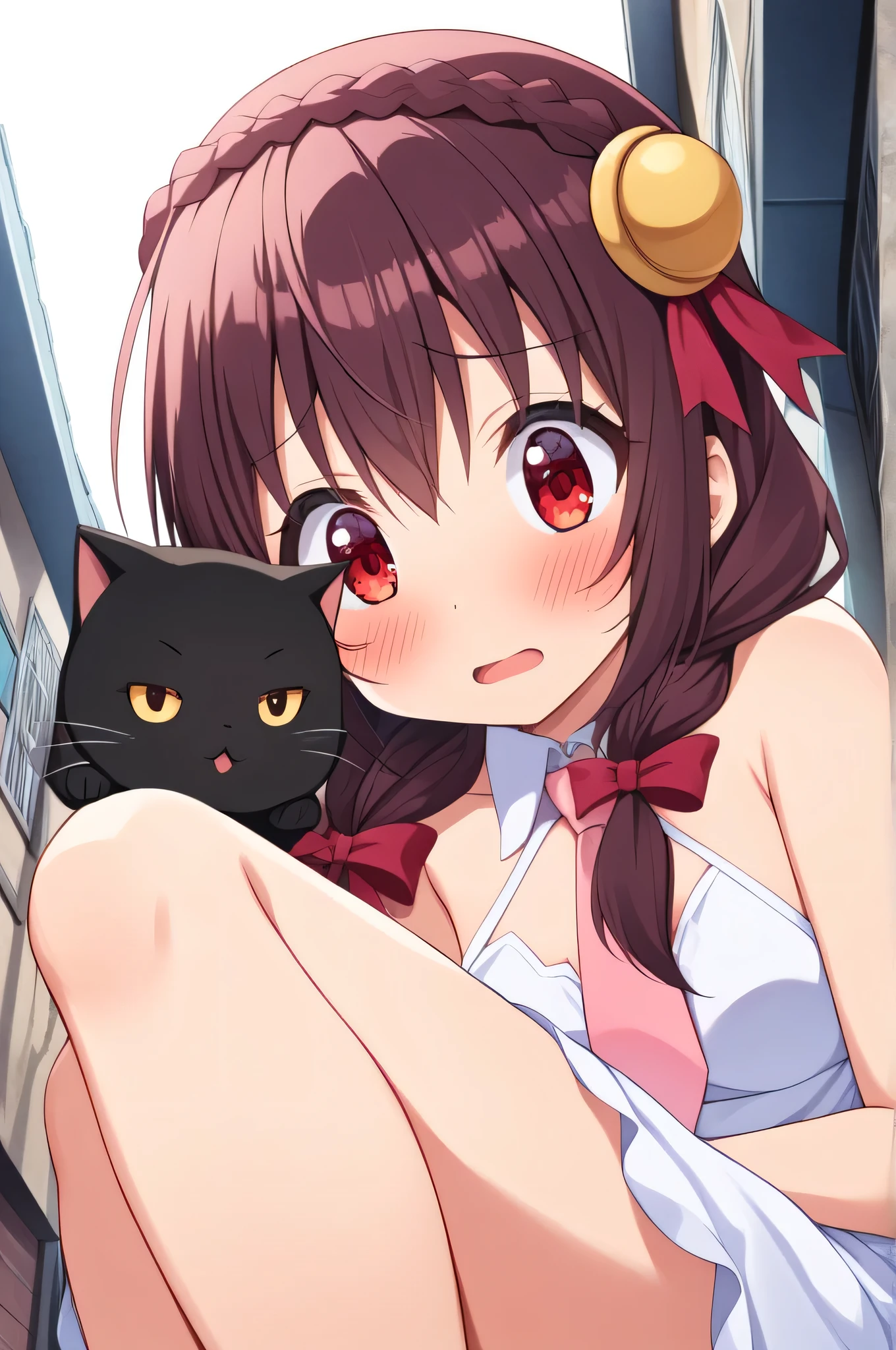alone, A girl sitting in a sports position, Yunyun, (Surprised expression:1.5)、 (blush:1.5)、Crown braids of the same color as your hair, Red Eyes、hair ornaments, Hair Ribbon, Pink tie, White dress, alley、(Face to face with a black cat)、heart、View from below、♥