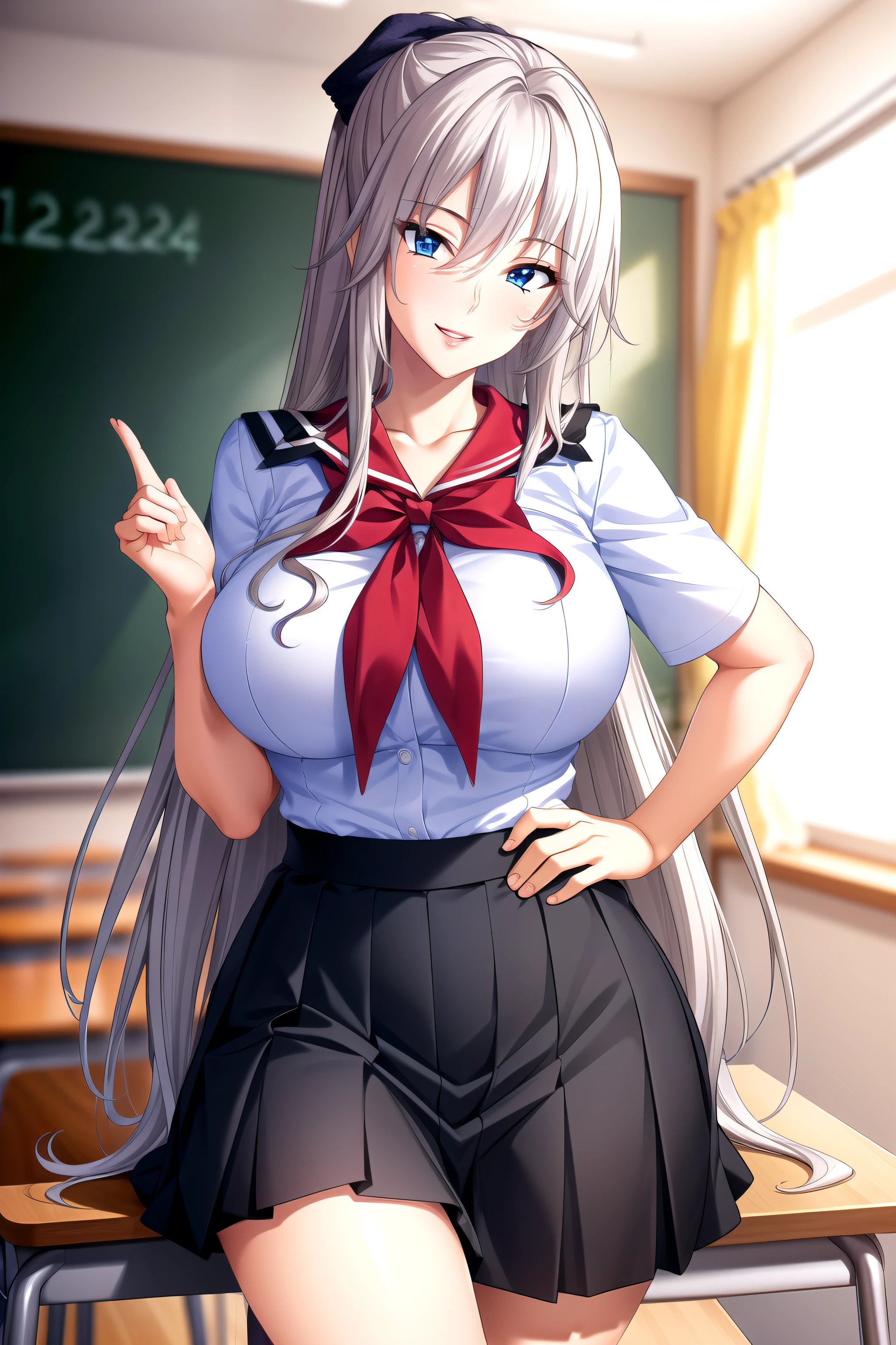 Perfect hands, Clear your fingers, Perfect fingers,full hand,student，Uniforms，Pleated Skirt,Sailor collar,Classroom Background, 1 girl,20 years old, Young women,Fair Finger,Fair long legs,Fair Body,Fair Nose,Fair character design, Perfect eyes, perfect Face,Expressive eyes, Looking at the audience,(lead_Body),(Focus on her Face), Official Art,Extremely detailed CG unity 8k wallpaper, Perfect Lighting,rich and colorful, bright_front_Face_Light,Light skin, (masterpiece:1.0),(最OK_quality:1.0), Ultra-high resolution,4K,Very detailed, photography, 8K, Human Development Report, high resolution, absurd:1.2, Kodak Portrait 400, Film Grain, Blurred background, Bokeh:1.2, Lens Light Halo, (Energetic_color:1.2) (Fair,Target_Chest:1.3), (Fair_Face:1.5),(narrow_waist),Happy，Smile，student，Uniforms，Pleated Skirt,Sailor collar，Classroom Background，Off-shoulder,clavicle,Perfect hands, Clear your fingers, Perfect fingers,full hand,Classroom Background,ditch