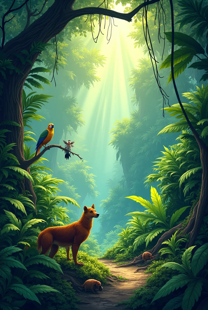 in the rainforest, green and bright,
Animals live, How fascinating!, vectorized, very realistic
