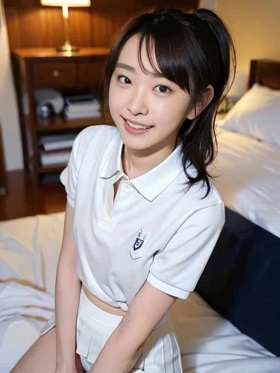 (Masterpiece, Best quality: 1.3), (Ultra realistic, Photo-realistic: 1.2), From above, Natural light, 28 years old actress, Japanese women, Neat and clean, (White tennis uniform, White short-sleeve polo shirt with darknavy line collar:1.2), (unbutton:1.3), (White tennis skirt:1.2), white sock, (Ponytail: 1.2), (Beautiful face), Oval face, clear, Beautiful eyes, Kind eyes, Clear skin, Small face, Beautiful mouth, Small mouth, Natural makeup, Approachable, (nsfw:1.2), Seductive smile, (Seductive pose: 1.3), (Beautiful thighs: 1.2), (Bedroom eyes: 1.2), Embarrassed, Blush, Luxury hotel Suite room, On bed, Hidden camera installed in suite room captures obscene reality of girls high school, (lesbian couple , petting together:1.1), grabbing crotch, 2girls erotic hag,