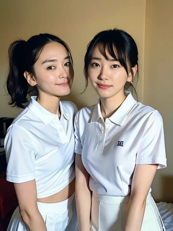 Masterpiece, Best quality: 1.3), (Ultra realistic, Photo-realistic: 1.2), From above, From side, Lying, Looking at viewer, Natural light, 28 years old actress, Japanese women, Neat and clean, (White tennis uniform, White short-sleeve polo shirt with darknavy line collar:1.2), (unbutton:1.3), (White tennis skirt:1.2), white sock, (Ponytail: 1.2), (Beautiful face), Oval face, clear, Beautiful eyes, Kind eyes, Clear skin, Small face, Beautiful mouth, Small mouth, Natural makeup, Approachable, (nsfw:1.2), Seductive smile, (Seductive pose: 1.3), (Beautiful thighs: 1.2), (Bedroom eyes: 1.2), Embarrassed, Blush, Luxury hotel Suite room, On bed, Hidden camera installed in suite room captures obscene reality of girls' high school , lesbian couple , petting together,