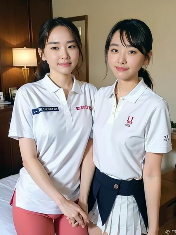 (Masterpiece, Best quality: 1.3), (Ultra realistic, Photo-realistic: 1.2), From above, Natural light, 28 years old actress, Japanese women, Neat and clean, (White tennis uniform, White short-sleeve polo shirt with darknavy line collar:1.2), (unbutton:1.3), (White tennis skirt:1.2), white sock, (Ponytail: 1.2), (Beautiful face), Oval face, clear, Beautiful eyes, Kind eyes, Clear skin, Small face, Beautiful mouth, Small mouth, Natural makeup, Approachable, (nsfw:1.2), Seductive smile, (Seductive pose: 1.3), (Beautiful thighs: 1.2), (Bedroom eyes: 1.2), Embarrassed, Blush, Luxury hotel Suite room, On bed, Hidden camera installed in suite room captures obscene reality of girls high school, (lesbian couple , petting together:1.1), grabbing crotch, 2girls erotic hag,