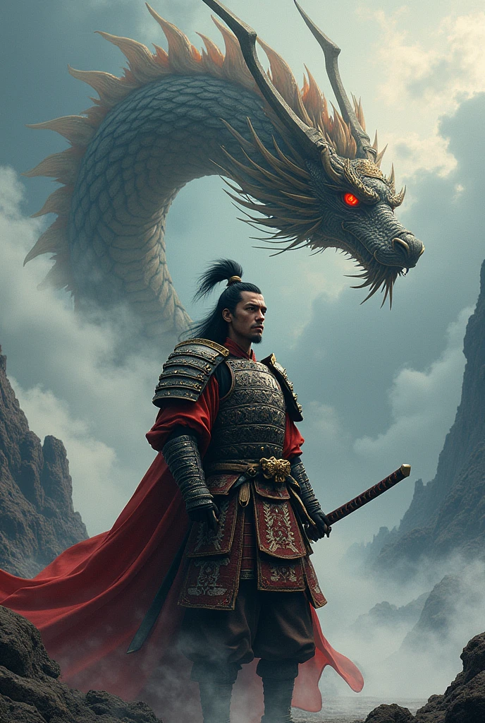 A samurai with a dragon behind him