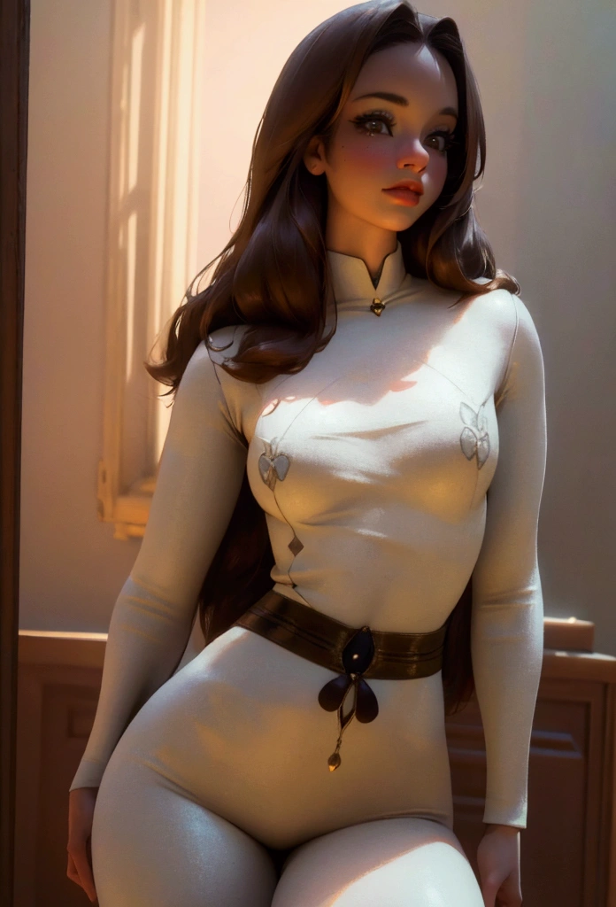 a beautiful young woman with long brown hair, B-cup breasts, 60cm waist, and 80cm hips, elegant pose, beautiful detailed eyes, beautiful detailed lips, extremely detailed face, long eyelashes, soft lighting, warm color tones, detailed background, 1girl, digital illustration, highly detailed, photorealistic, cinematic lighting, vibrant colors, masterpiece, (best quality,4k,8k,highres,masterpiece:1.2),ultra-detailed,(realistic,photorealistic,photo-realistic:1.37)