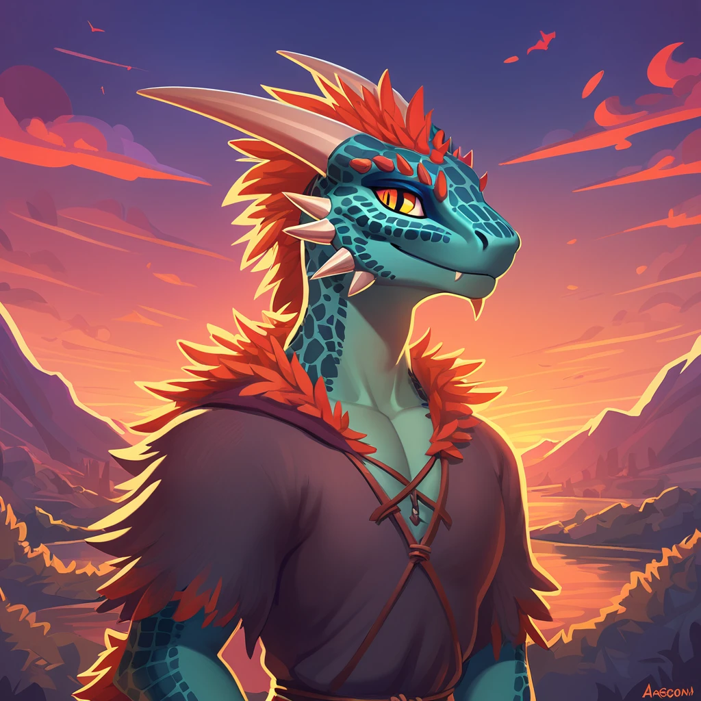 super fluffy argonian in dreamworks art style, evening background