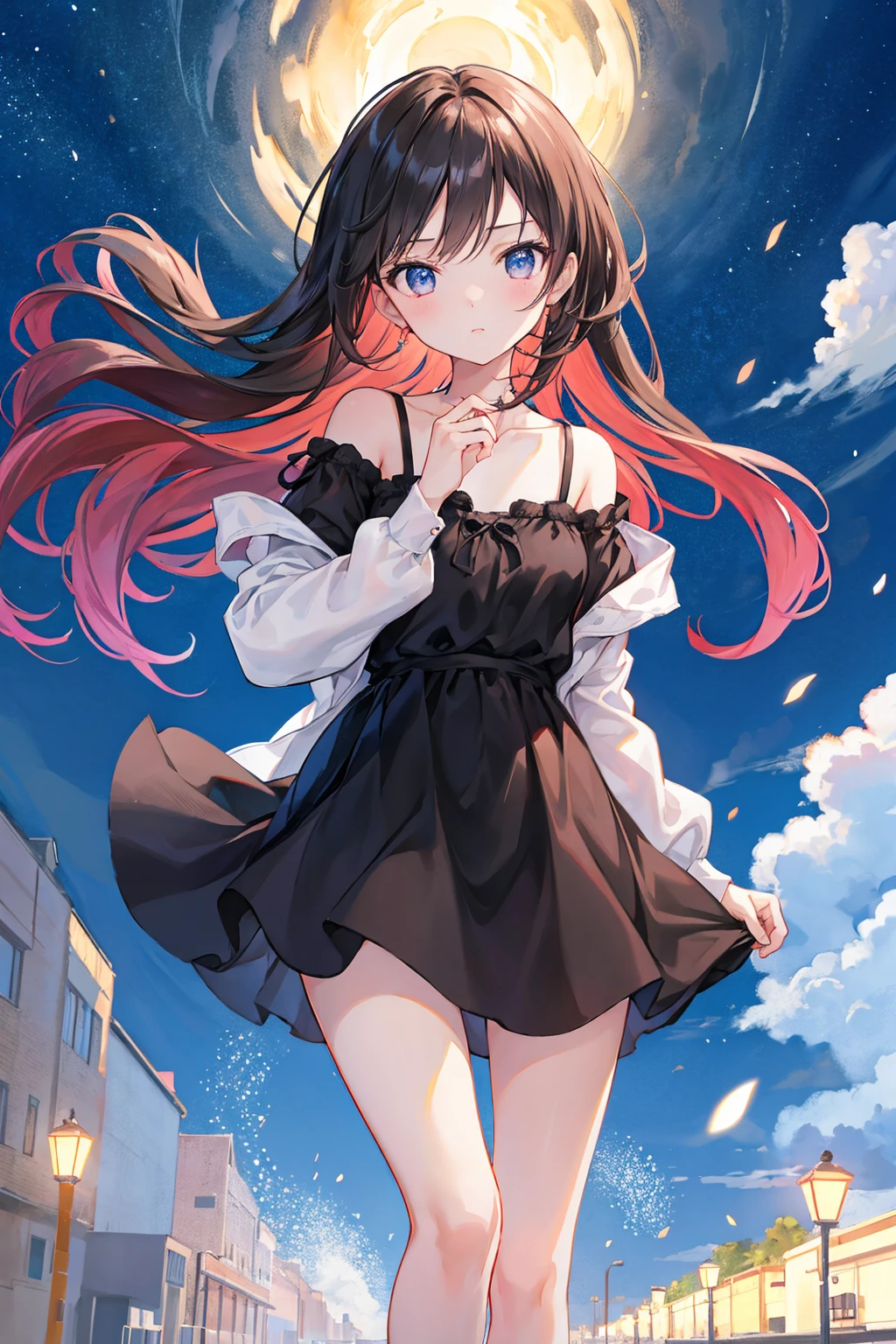 masterpiece, Highest quality, RAW Photos, A scene from a movie, Alone in the city at night, beautiful girl, The whole body is visible，(Delicate eyes, Pretty lips), (Small breasts，Flat chest), (Black Dress, Long sleeve), pumps，Recall, Brown eyes, With bangs, Hair blowing in the wind, Fair skin, (Innocent), light makeup, (Cute Face), Innocent girl, Delicate face ，((Highest quality)), (Very detailed), (High-definition CG synthesis 8k wallpaper), 高いly detailed,  高い-definition raw colbor photos, Professional photography,  Written boundary depth,