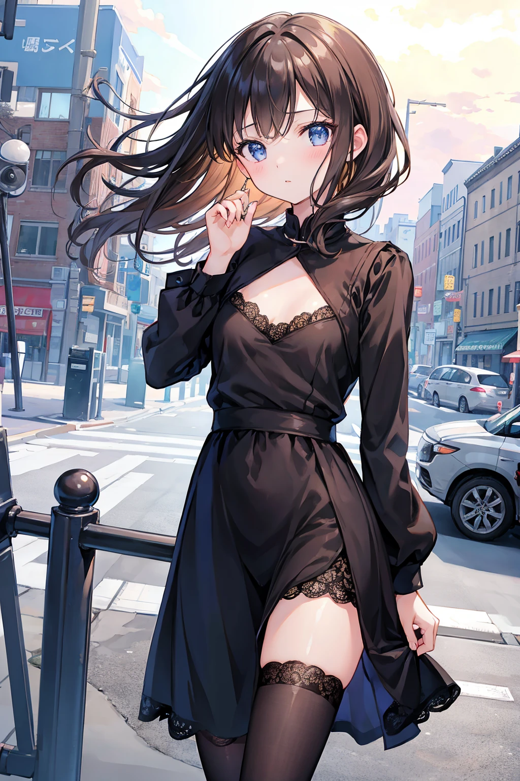 masterpiece, Highest quality, RAW Photos, A scene from a movie, Alone in the city at night, beautiful girl, The whole body is visible，(Delicate eyes, Pretty lips), (Small breasts，Flat chest), (Black Dress, Long sleeve), pumps，Recall, Brown eyes, With bangs, Hair blowing in the wind, Fair skin, (Innocent), light makeup, (Cute Face), Innocent girl, Delicate face ，((Highest quality)), (Very detailed), (High-definition CG synthesis 8k wallpaper), 高いly detailed,  高い-definition raw colbor photos, Professional photography,  Written boundary depth,