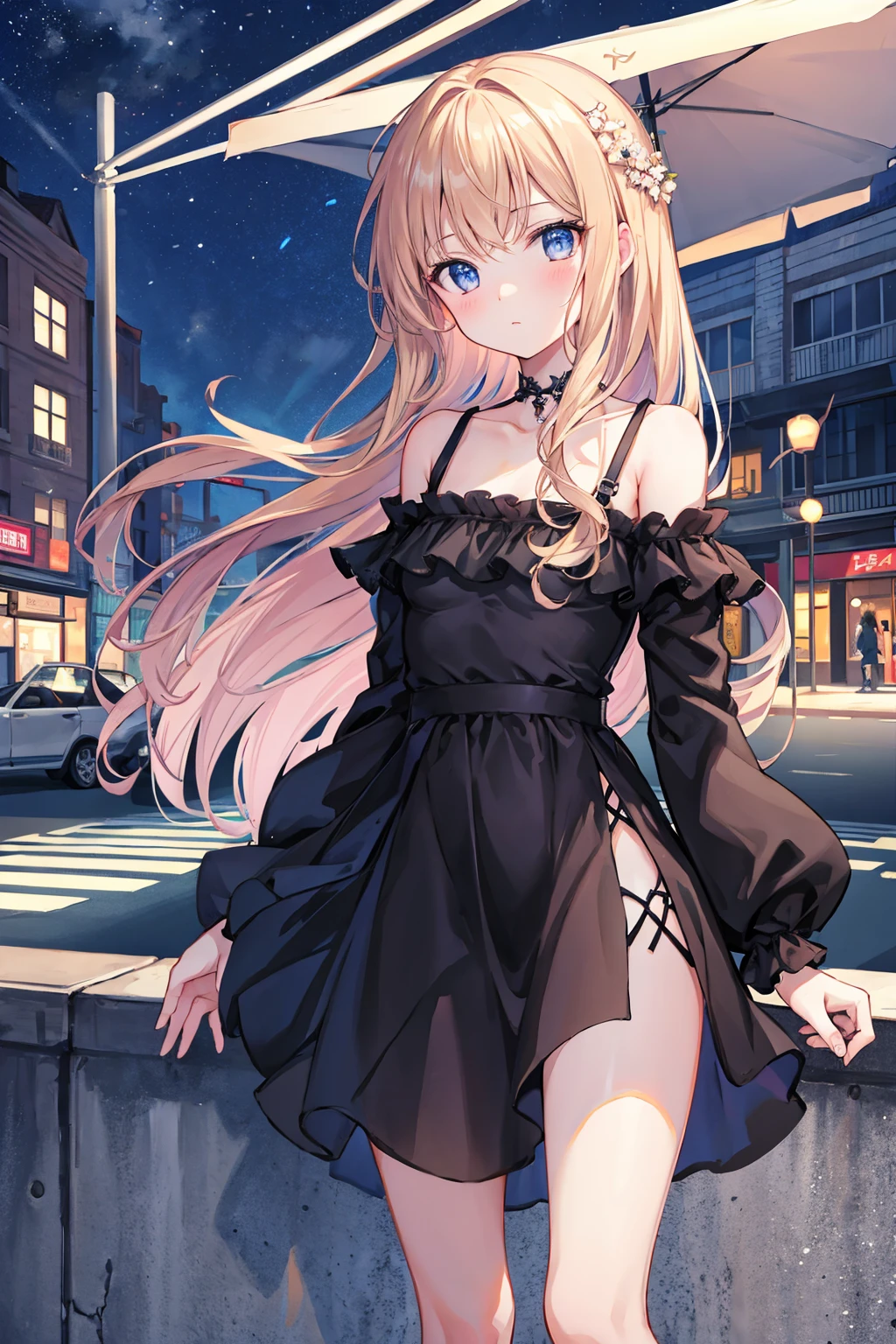 masterpiece, Highest quality, RAW Photos, A scene from a movie, Alone in the city at night, beautiful girl, The whole body is visible,(Delicate eyes, Pretty lips), (Small breasts,Flat chest), (Black Dress, Long sleeve), pumps,Recall, Brown eyes, With bangs, Hair blowing in the wind, Fair skin, (Innocent), light makeup, (Cute Face), Innocent girl, Delicate face ,((Highest quality)), (Very detailed), (High-definition CG synthesis 8k wallpaper), 高いly detailed, 高い-definition raw colbor photos, Professional photography, Written boundary depth,