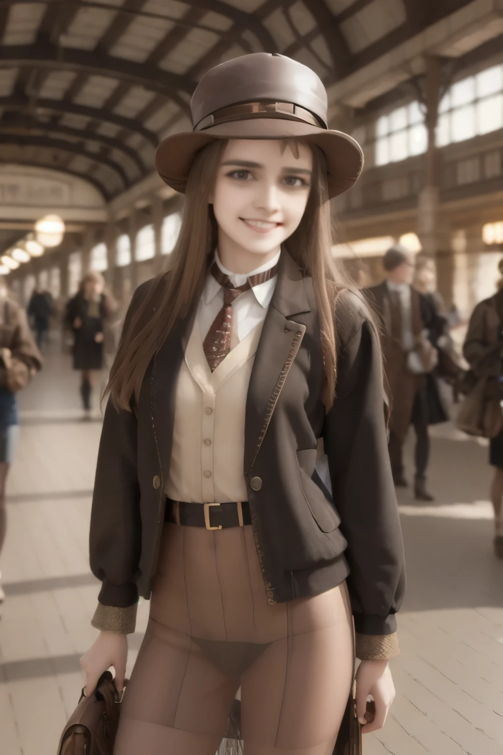 1 girl, aviator hat , solo, steam punk, train station, , steam, smoke, masterpiece, highly detailed,HDR,8k resolution, best quality,