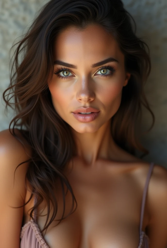 Brune, photo realiste, yeux clair, medium sized chest, Sexy French.