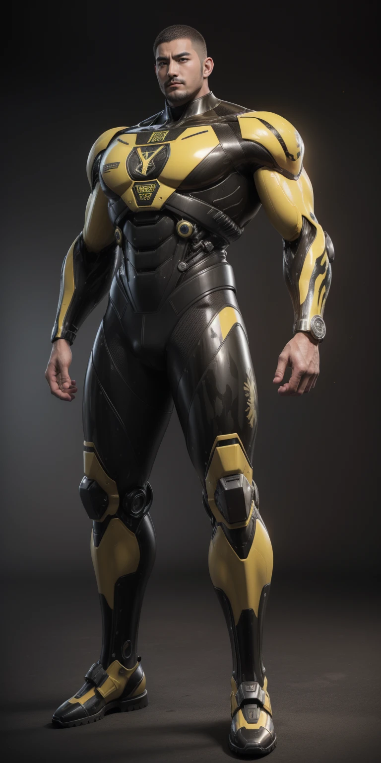 Tall giant muscular police officer,Buzz Cut,Very long legs,Yellow and black camouflage patterned nano mecha,Honeycomb pattern,Lightweight texture,Character Concept(Resident Evil - Chris Redfield,Chris Redfield)senior police officer,Small grid texture,Regular symmetrical texture pattern,Sad expression,Deep and charming eyes,Standing in a bright mechanical laboratory,Emerald Eyes Hero,Heroic male pose,高大Burly,muscular!Attractive leg muscles,High target, Burly, Heqiang, Super Buff and Coolness, High Resolution Committee, Bigfoot yellow-gray ultra-thin nano-mechanical boots,Charismatic strongman,The bright sunshine shines on you,Matte particles,Shiny texture