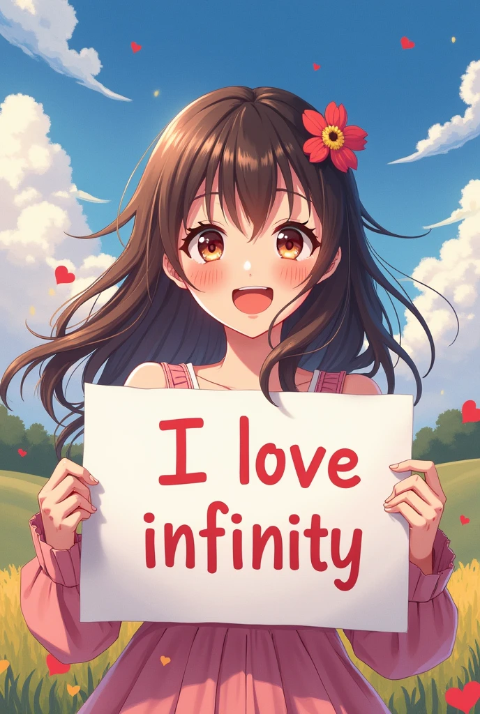 a beautiful and cute woman holding up a sign "i love infinity", joyful, happy, anime illustration, photorealistic, oil painting Rich Hero Go Bella Ekonomi Girl And Ekonomi Goddess Girl Wing Rich Hero Go Liam Boy UFO And Liam Boy UFO