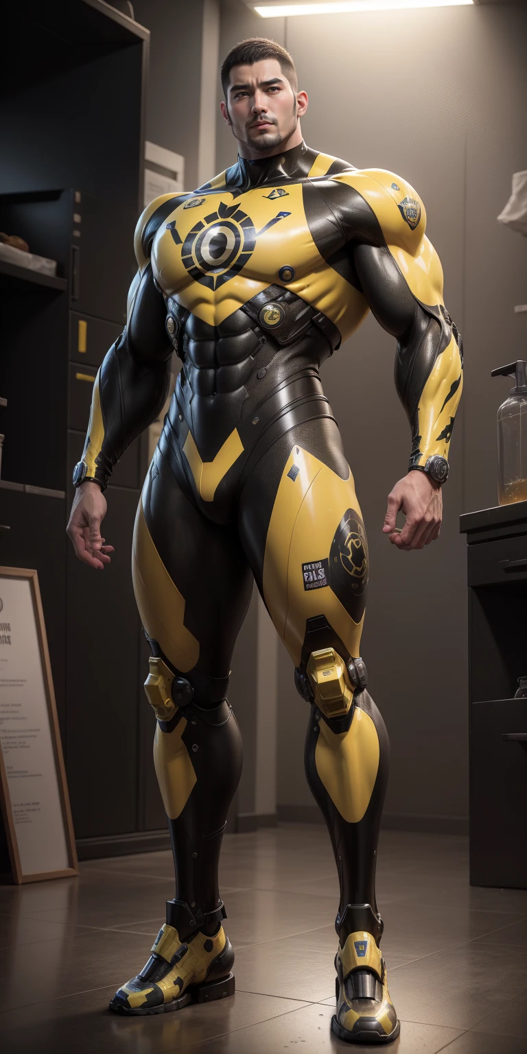 Tall giant muscular police officer,Buzz Cut,Very long legs,Yellow and black camouflage patterned nano mecha,Honeycomb pattern,Lightweight texture,Character Concept(Resident Evil - Chris Redfield,Chris Redfield)senior police officer,Small grid texture,Regular symmetrical texture pattern,Sad expression,Deep and charming eyes,Standing in a bright mechanical laboratory,Emerald Eyes Hero,Heroic male pose,高大Burly,muscular!Attractive leg muscles,High target, Burly, Heqiang, Super Buff and Coolness, High Resolution Committee, Bigfoot yellow-gray ultra-thin nano-mechanical boots,Charismatic strongman,The bright sunshine shines on you,Matte particles,Shiny texture