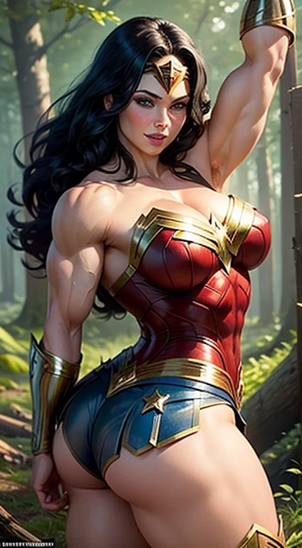 Omnipotent muscular Wonder Woman, forest background, super strong and huge biceps, huge ass and breasts ,getting cum in the face and being happy