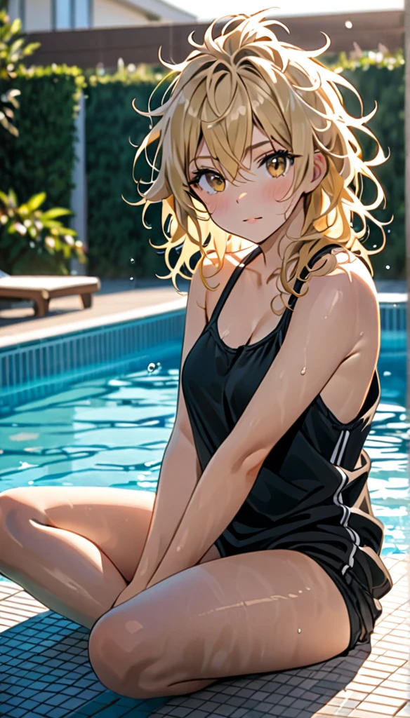 Beautiful and blond, messy hair, morning, pool, wearing black, free arms, looking sitting across the viewer , intrested