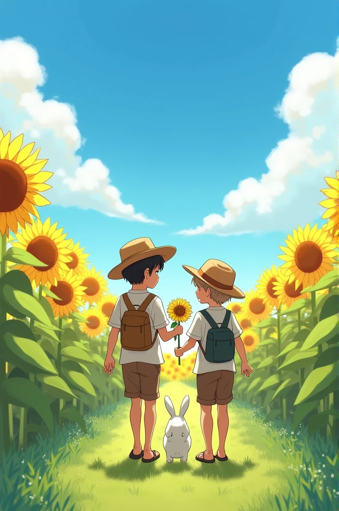 This image has to be in anime. A very beautiful sunflower field. Two boys are coming out of there, smiling. They are wearing straw hats, a long white shirt, short brown shorts, each with a backpack and flip-flops. They are holding a sunflower and they are holding hands. It is a beautiful day with clouds in the sky and the grass is very green. One of the boys is tanned. There are two white rabbits next to them.