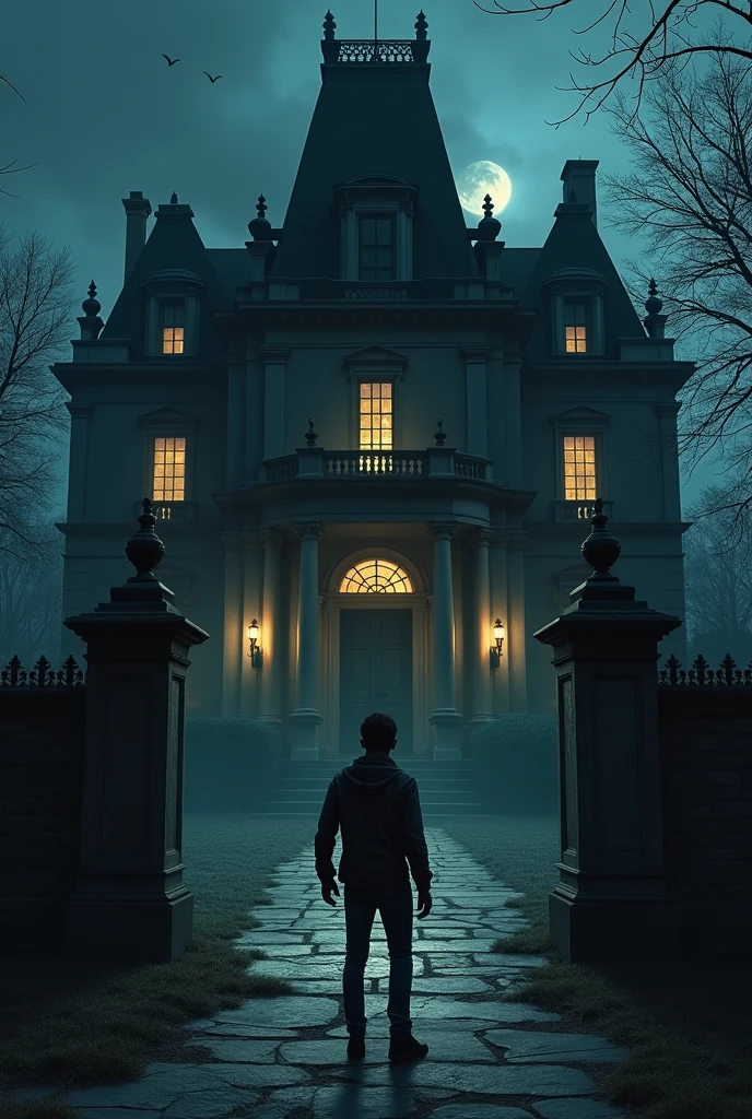 A young man going inside the mansion door night time horror