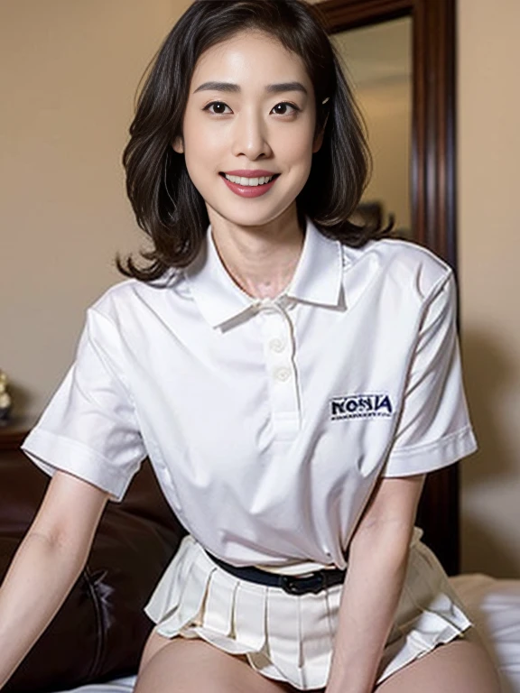 (Masterpiece, Best quality:1.3), (Ultra realistic, Photo-realistic:1.2), Natural light, 28 years old actress, Japanese 2 women, Neat and clean, (White tennis uniform, White short-sleeve polo shirt with darknavy line collar:1.1), (unbutton:1.3), (White pleated skirt:1.1), white sock, (short wavy hair:1.3), ponytail, (Beautiful face), Oval face, clear, Beautiful eyes, Kind eyes, Clear skin, Small face, Beautiful mouth, Small mouth, Natural makeup, Approachable, (nsfw:1.1), Seductive smile, (Seductive pose:1.2), (Beautiful thighs:1.1), (Bedroom eyes:1.1), Embarrassed, Blush, Luxury hotel Suite room, On bed, Hidden camera installed in suite room captures obscene reality of girls high school, (lesbian couple , petting together:1.1), grabbing crotch, erotic kiss,