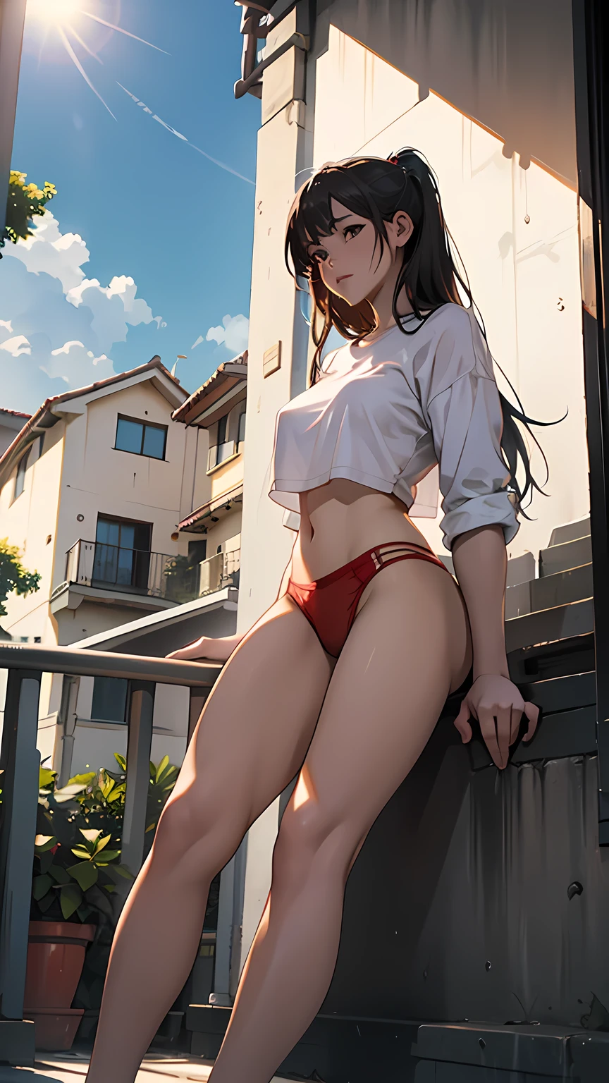 A young woman is sitting on the balcony of her house. She is wearing red underwear. Her hips are big and heavy. It is evening and it is sunny.