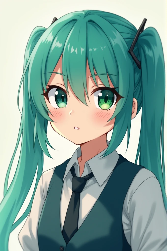 Her turquoise hair was tied back、A servant boy with a , slanted eyes, a dark green right eye and a light green left eye, drawn in an anime style.