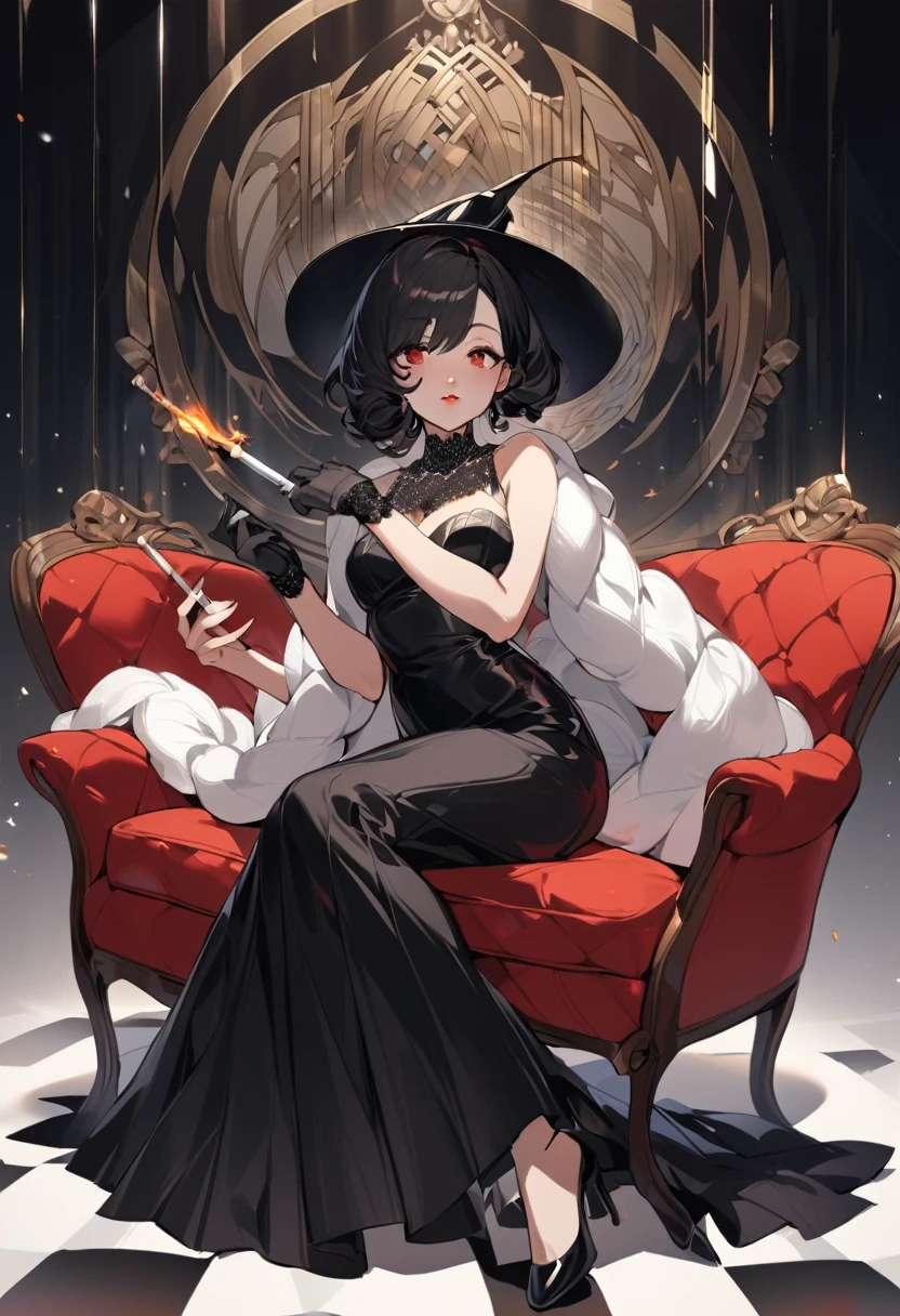 1 girl, she is wearing a black long dress that fits her figure in the style of the 60s, the dress shines like a thousand diamonds, the girl’s short black hair is styled in small waves in the style of Marilyn Monroe, the girl has a long cigarette in her hand, and her hands are elegantly decorated with long  translucent black gloves above the shoulders, on the girl’s head a black hat with a long rim, an atmosphere of luxury, red scarlet lips, red furniture