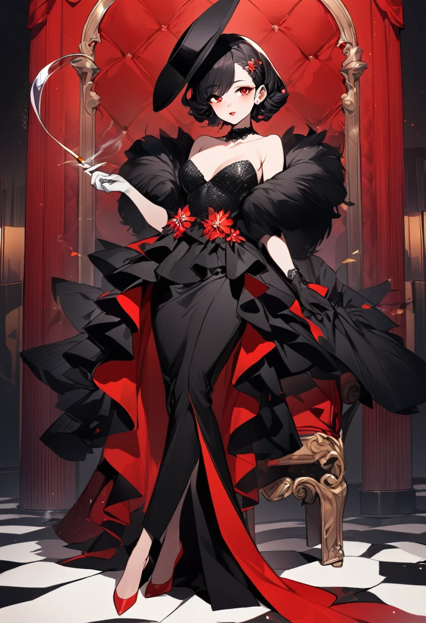 1 girl, she is wearing a black long dress that fits her figure in the style of the 60s, the dress shines like a thousand diamonds, the girl’s short black hair is styled in small waves in the style of Marilyn Monroe, the girl has a long cigarette in her hand, full body, confident look on her face, half-lidded eyes, and her hands are elegantly decorated with long  translucent black gloves above the shoulders, on the girl’s head a black hat with a long rim, an atmosphere of luxury, red scarlet lips, red furniture