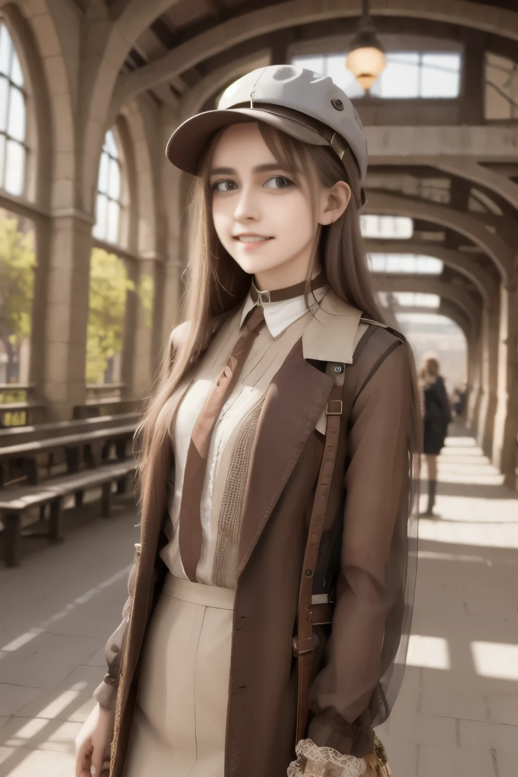 1 girl, aviator hat , solo, steam punk, train station, , steam, smoke, masterpiece, highly detailed,HDR,8k resolution, best quality,
