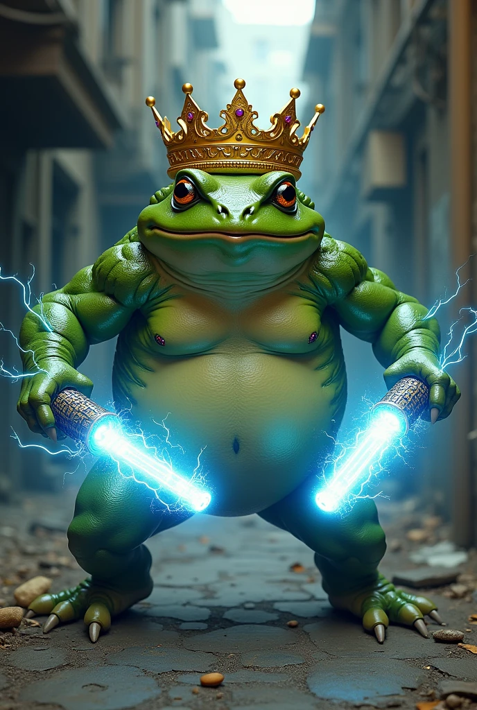 A fighting toad with a crown and using two electric resistors as nunchucks