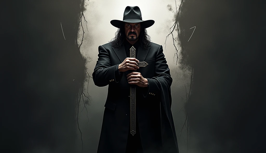 image of ((the undertaker:1.4)) with a cross in his hand, slash page, album, hq artwork, hd artwork, artwork, art cover