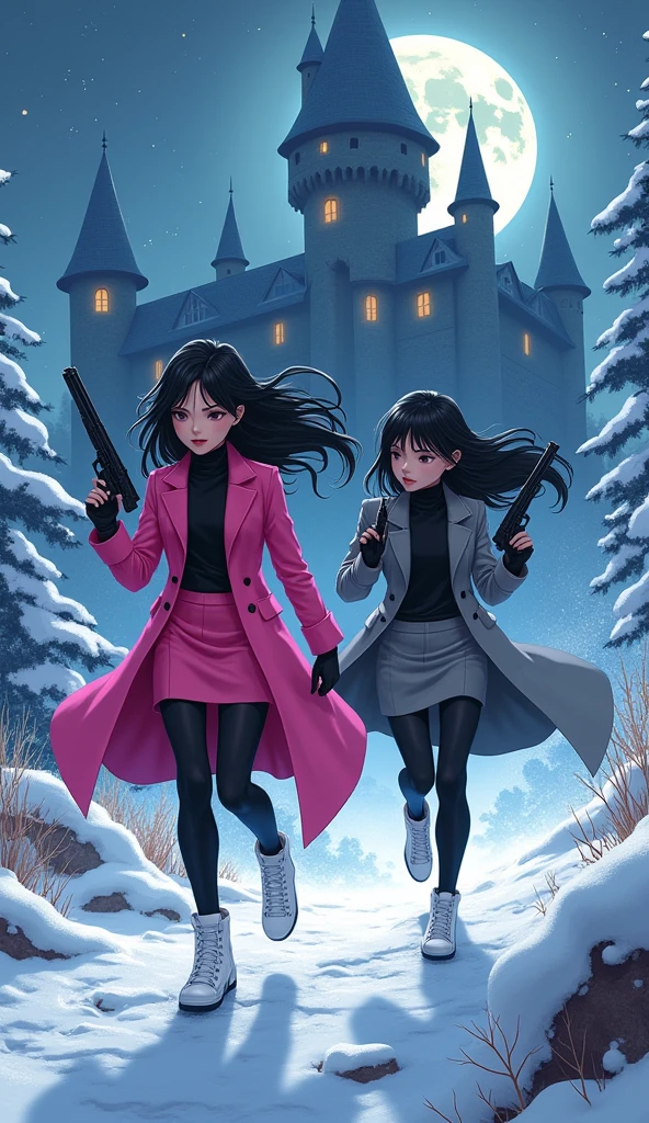 Two girls, long black hairs, yuri, Vampire Hunters

The first girl wear a pink long coat, black shirt, pink pencil skirt, black underpants, black tights, black gloves, black socks, white sneakers high top.

The second girl wore a grey long coat, black shirt, grey pencil skirt, black underpants, black tights, black gloves, black socks, white sneakers high top.

holding a handguns, running on the snow, snowing, vampire castle, fantastic night sky, moon, cartoon novel, 4K, HD