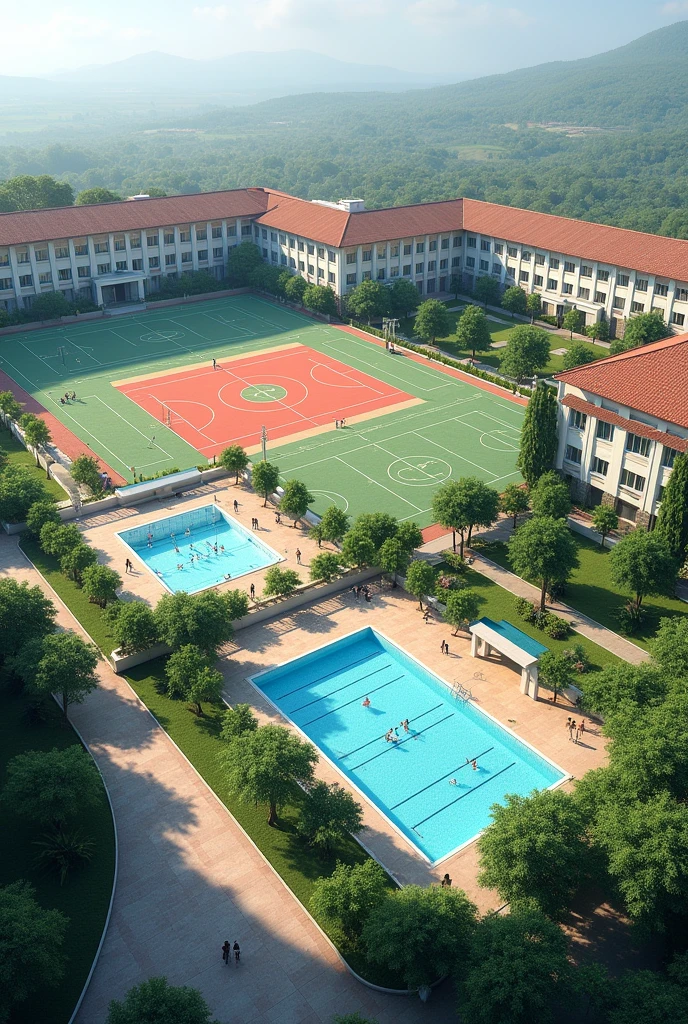 Create a photo of a private school floor plan, with three courts, one of which is covered, a volleyball court and a football court. The school must have two swimming pools, one of which is indoors and one is open to the public.